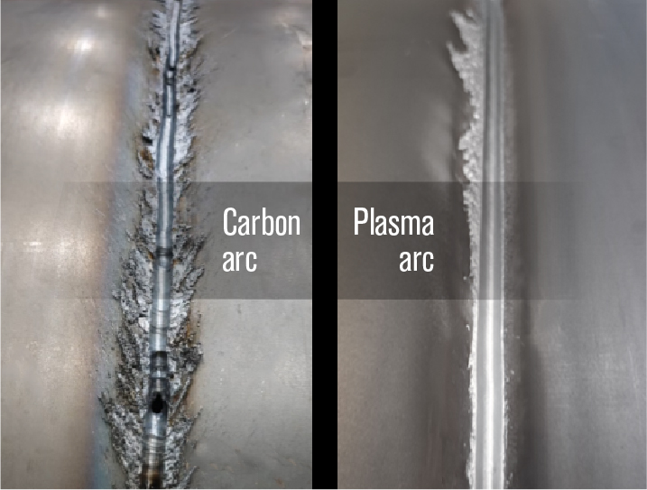 Image comparing carbon arc vs plasma arc gouging