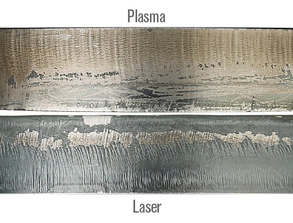 Image montrant une comparaison de la qualité de coupe entre le laser et le plasma
