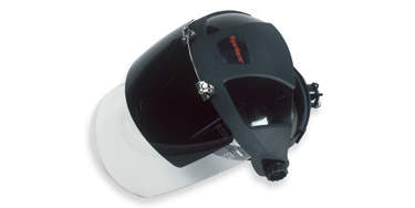 The operator helmet's clear face shield with flip-up shade is designed for grinding metal and other metal cutting.