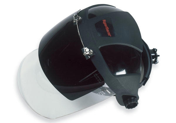 The operator helmet's clear face shield with flip-up shade is designed for grinding metal and other metal cutting.